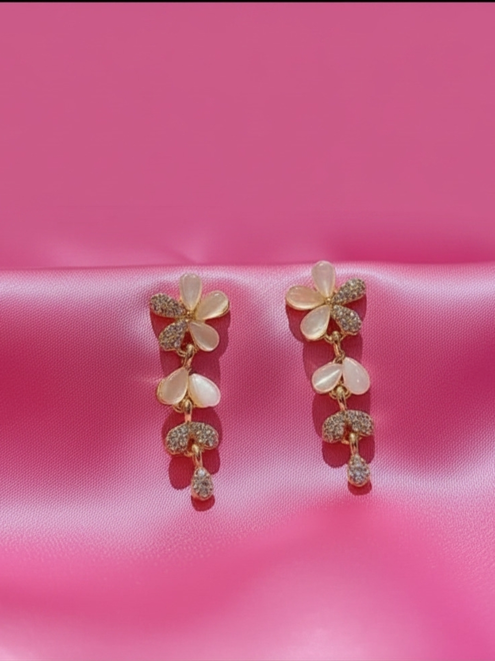 Gold-Tone Floral Drop Earrings Opal Stone Rhinestone - 925 Silver Needle
